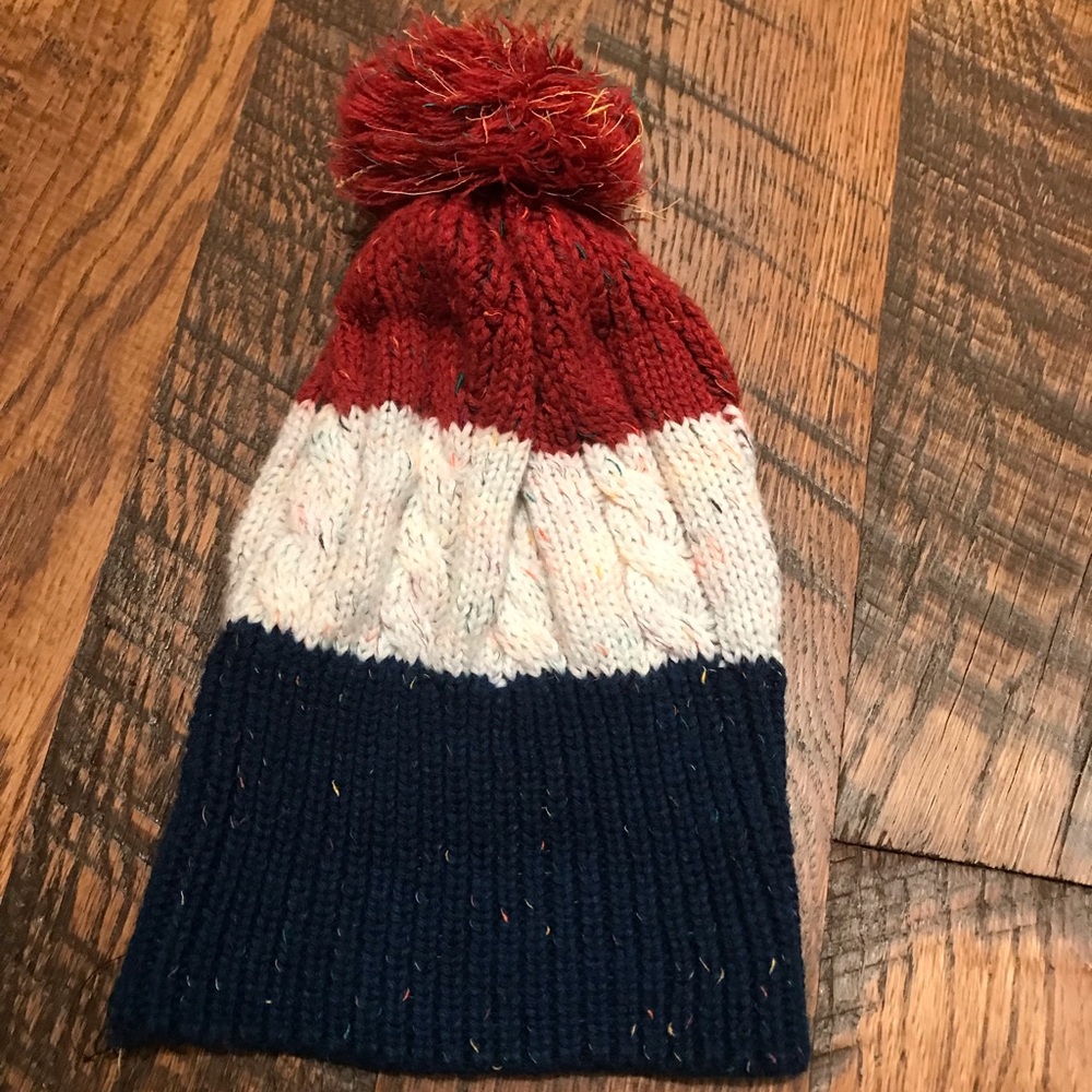 Red, white, & blue cable knit beanie